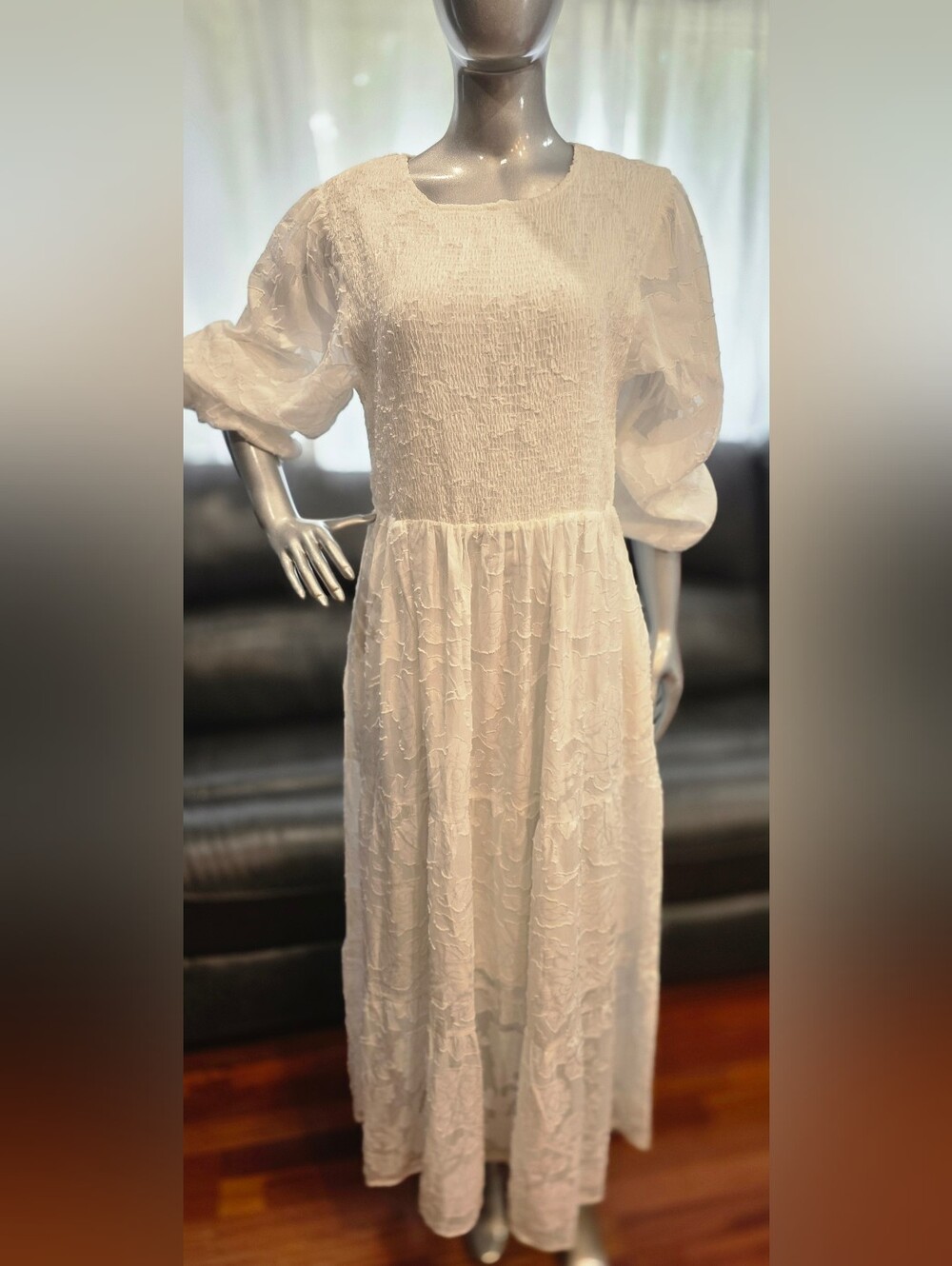 White XL Smocked Maxi Dress Balloon Sleeve Modest Bridal Boho cottagecore Gown